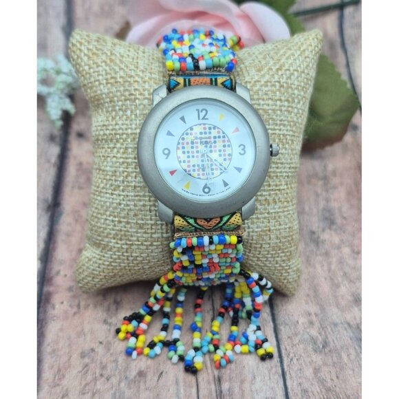 Leather Band Native Seed Bead Jacques Couture Watch Works New Battery Unique - Picture 1 of 9